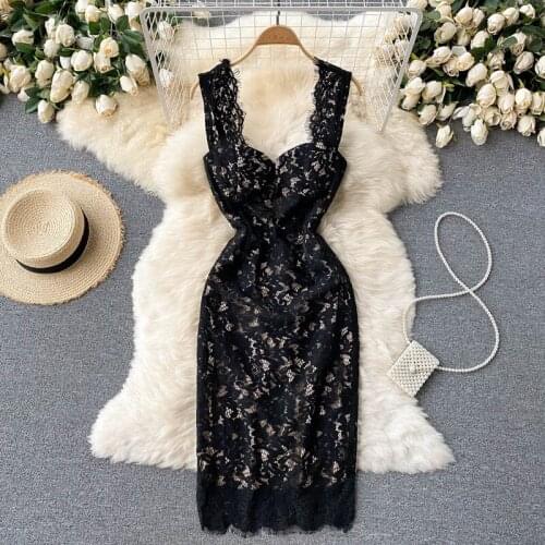 Black Lace Dress Women 2021 Summer Elegant Padded Square Collar Sleeveless Spaghetti Strap Empire Sexy Evening Party Dress Robe