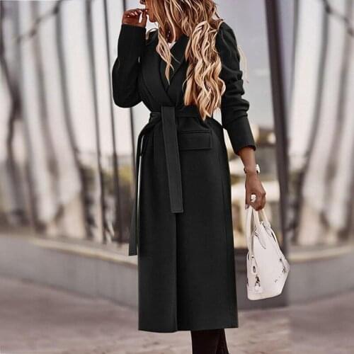 Womens Solid Color Casual Lace Up Slim Woolen Coat Jackets 2021 Loose Lapel Cardigan Long Sleeve Mid-length Jacket Streetwear