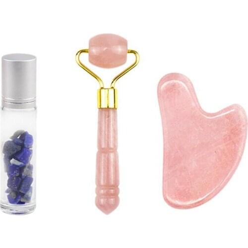 Rose Quartz Jade Roller Gua Sha Board Massager Face Lifting Tool Facial Guasha Massage Gemstone Bottle Kit