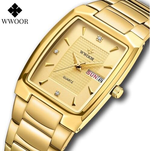 WWOOR 2021 New Mens Square Watches Top Brand Luxury Stainless Steel Gold Quartz Watch Men Week Date Waterproof Relogio Masculino