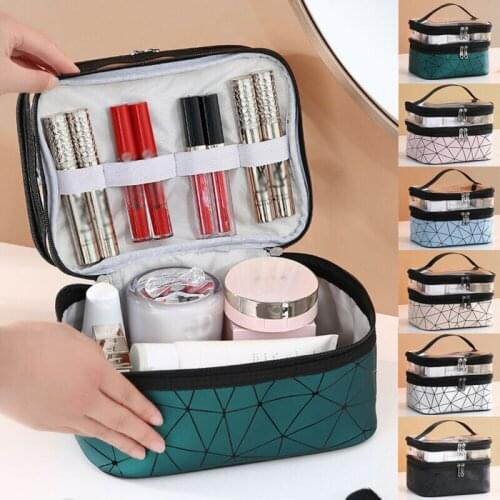 Fashion Toiletry Case Pouch Wash Storage Bags Box Women See Through Diamond Lattice Double Layer Travel Cosmetic Makeup Bags