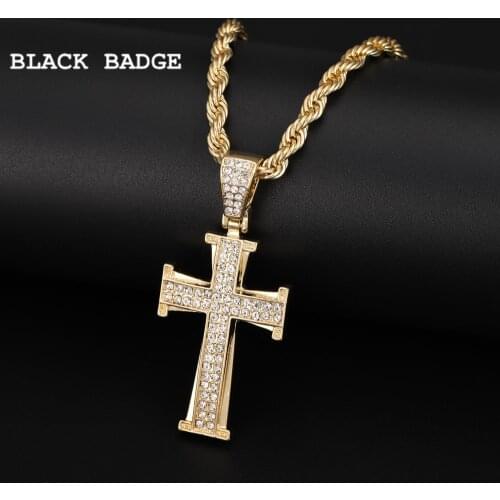 BLACK BADGE Men Women Hip Hop Cross Pendant Necklace Bling Pave Rhinestones Egyptian Style Necklace Jewelry 2021 Fashion Gift