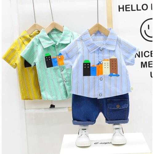2021 Summer Children Kids 2Pcs Suits Striped Lapel Collar Short Sleeve Shirts Tops + Denim Jeans Pants Baby Boys Clothing Sets