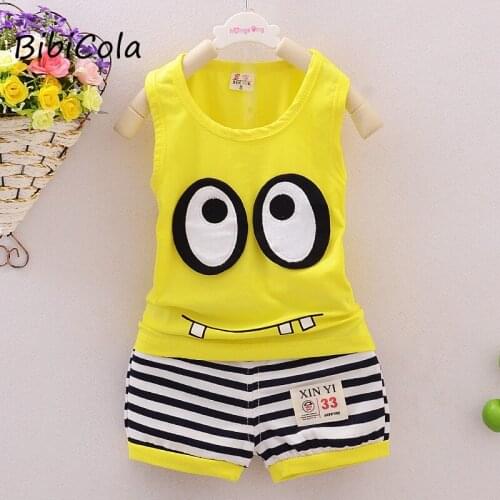 BibiCola Infant Summer Baby Clothing Sets Boy Vest T-shirt+Shorts Pant 2Pcs Kids Summer Outfits Set Toddler Cartoon Striped Suit