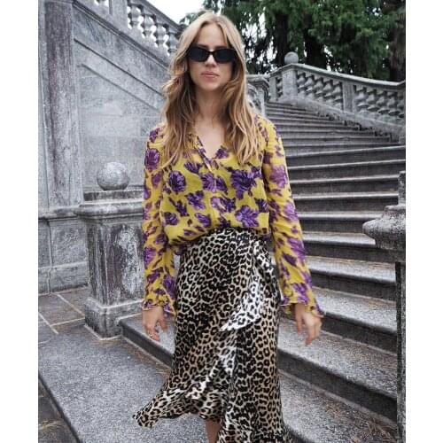 Designer All-over Violet Floral Printed Viscose Shirt Romantic Boho Yellow Ruffle Sleeve Chiffon Crepe Blouse Retro Flower Shirt