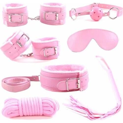 7 Set PU Leather Fluff BDSM Bondage Gear Restraints Hand Cuffs Footcuff Whip Rope Blindfold Couples Erotic Toys for Adult