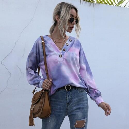Tie-dye Gradient T-shirt Womens Thin Button Fashion V-neck Long Sleeve Tunic Tee Tops Ladies Causal Daily Holiday Streetwear
