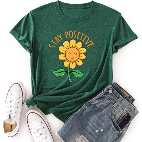 Woman Short Sleeve Colored Cotton Graphic Tees Summer T-Shirt Female Tops Shirts for Women Stay Positive Sunflower Flower Plant