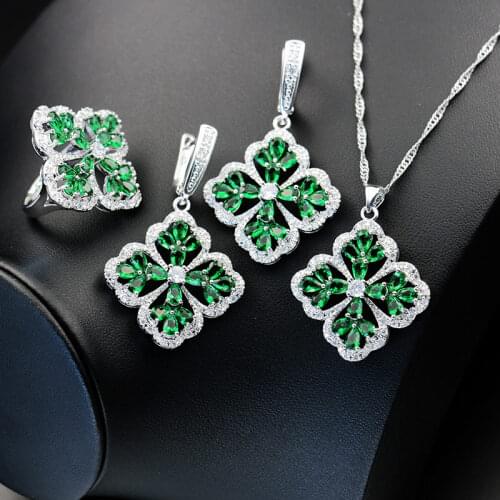 Shiny CZ Big Lucky Leaf Many Colors Silver Color Jewelry Set Earrings Ring Necklace Set For Women Factory Outlet