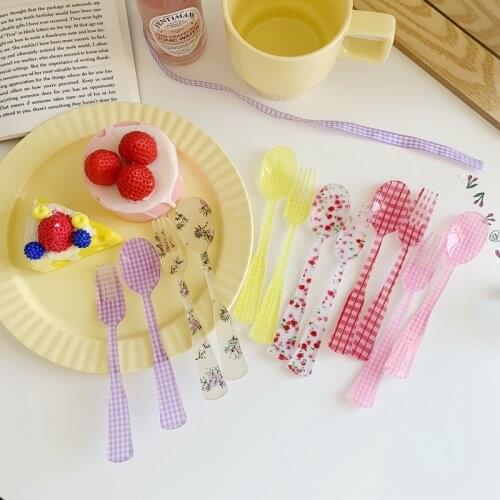 Korean Japanese Ins Plastic Fork Spoon Stripe Lattice Broken Acrylic Fork Spoon Simulation Tableware Plastic Photo Prop
