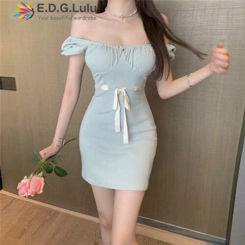 EDGLuLu Summer Women Off Shoulder Lantern Sleeve Mini Dress Casual Elegant High Waist Lace-up Bodycon Dress 0416