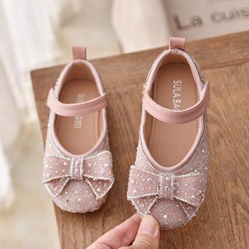 Summer Princess Bow-Knot Girls Dancing Shoes Children Flats Kids Dress Footwear Bling Glitter Leather Beef Shoes for Party