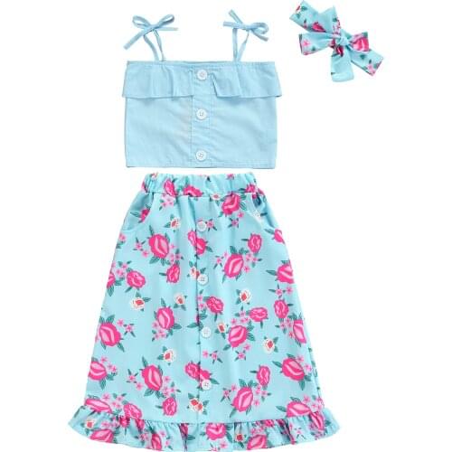 Kids Baby Girls Summer Clothes Beach Sets Vacation Sleeveless Straps Crop Tops+Floral Midi Ruffles Skirt+Headband Boho Sets 1-6Y