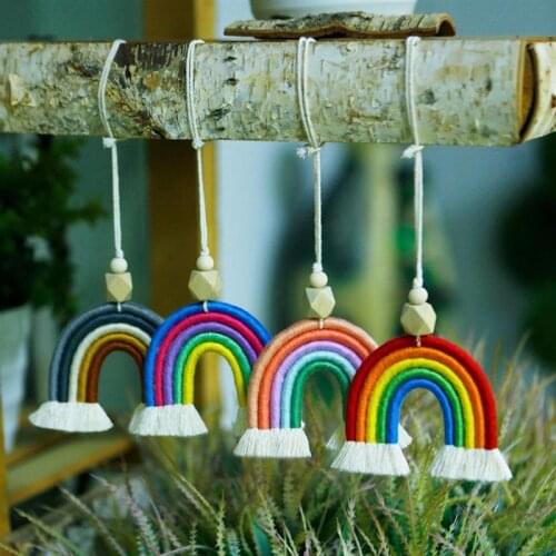 Macrame Rainbow Hanging Ornament DIY Rope Handmade Woven Wall Decor Baby Girls Room Decor Home Nursery Decor Car Hanging Gifts