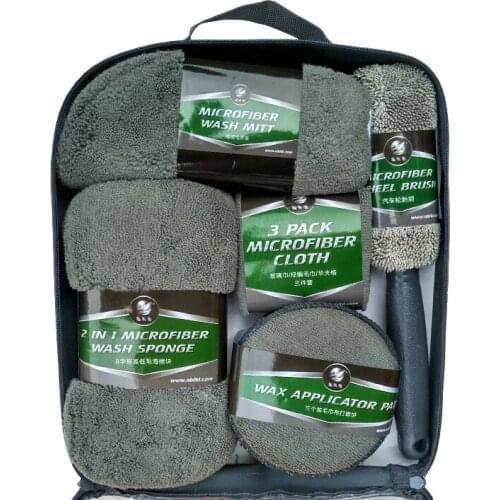9PCS Car Microfiber Wash Cleaning Kit Car Detailing Washing Tools With Sponge Wash Glove Polish Applicator Pads