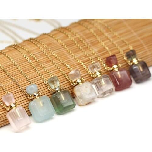 Natural Stone Perfume Bottle Pendants Necklace Rose Quartzs Fluorites Oil Diffuser Pendant Necklace for Jewelry Gift 20x33mm