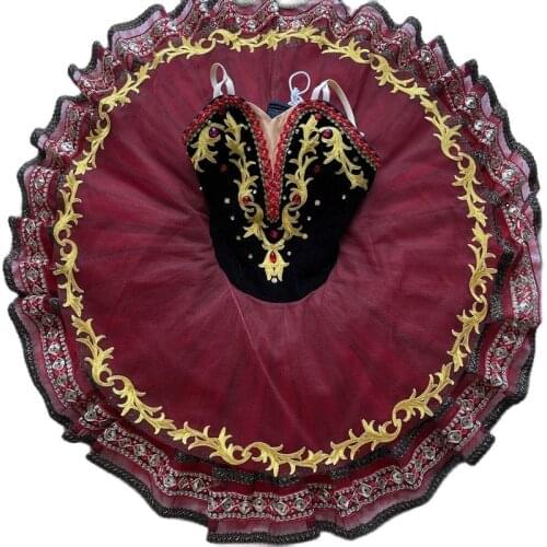 Professional Ballet Stage Costume Maroon Golden Competition Performance Pancake Ballet Tutus Burgundy Gold Ready to Ship