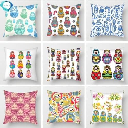 Russian Doll Pattern Polyester Cushion Cover Cartoon Throw Pillow Cover Decorative For Home Sofa Chair Decor Doll Pillow Case