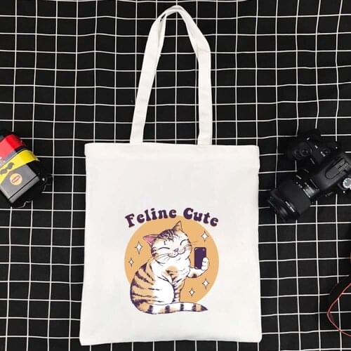 Foldable Canvas Bag Supermarket Shoulder Bag Folding Ecobag Harajuku Shopper Bag Japanese Cat School Travel Ladies Bag