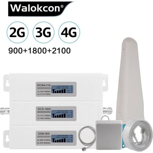 Walokcon Tri Band Cellular Repeater 900/1800/2100 GSM DCS WCDMA 2G 3G 4G LTE Signal Booster Band 1 4G Cellphone Amplifier Set