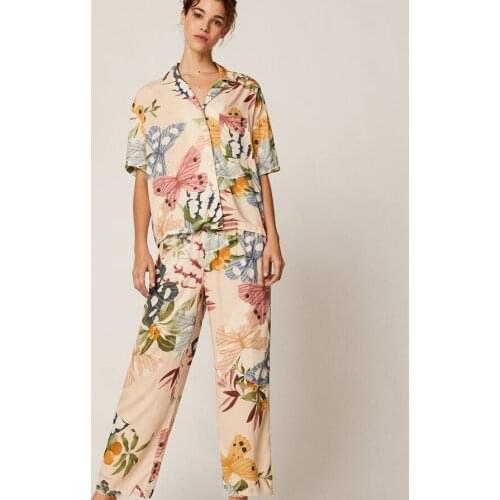 Spring Summer New Sleepwear Sets Women Casual Print Pajamas Suits Short Sleeve Cardigan Nightwear Leisure Loungewear With Pocket