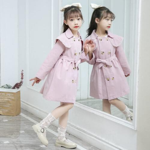 Girls' Windbreaker Middle and Small Childrens Autumn New Double-breasted Casual Jacket Mid-length Childrens Coat Children