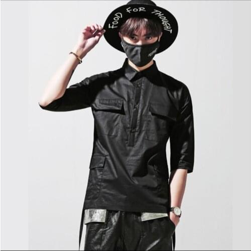 High-end Custom Summer Tide Men Personality Shirt Loose Solid Color Simple Hair Stylist Irregular Middle Sleeve Shirt Costumes