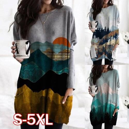 Womens Mountain Treetop Print Long Sleeve T-shirt Women Fashion SWEATShirts & Tops Casual Round Neck Loose Cotton Pullover