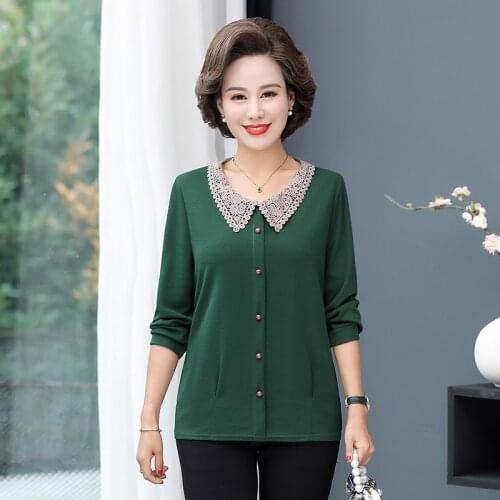 Lace Turn-down Collar Women T-shirt Plus Size Mother Clothes Long Sleeve Tee 2021 Spring Autumn Middle Age Women Tops Pullover