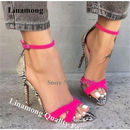 Linamong Summer Fashion Pointed Open Toe Snake Leather Stiletto Heel Sandals Rose Red Straps High Heel Sandals Dress Heels