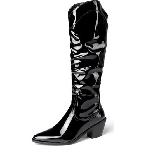 ZJVI Women 2021 Patent Autumn Winter Thigh Knee High Boots Heels Woman Ladies Pointed Toe Square heels Shoes For Girls Black