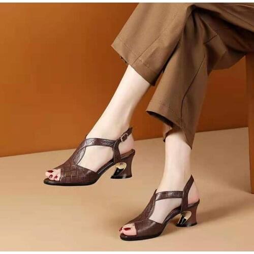SOFT LEATHER Womens Sandals,Summer Square Mid Heels,Ankle Buckle Strap Shoes,Korea Style,Female Footware,BLACK,BROWN,Dropship