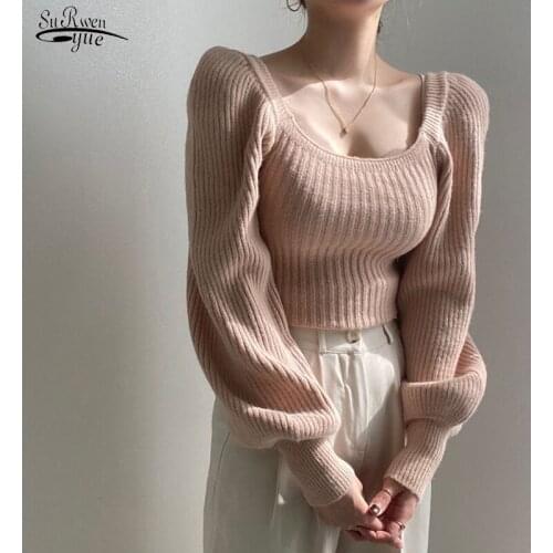 Retro Temperament Square Neck Puff Sleeve Womens Sweater Womens Long-sleeved Loose Sweater Solid Knitted Warm Top Women 16141