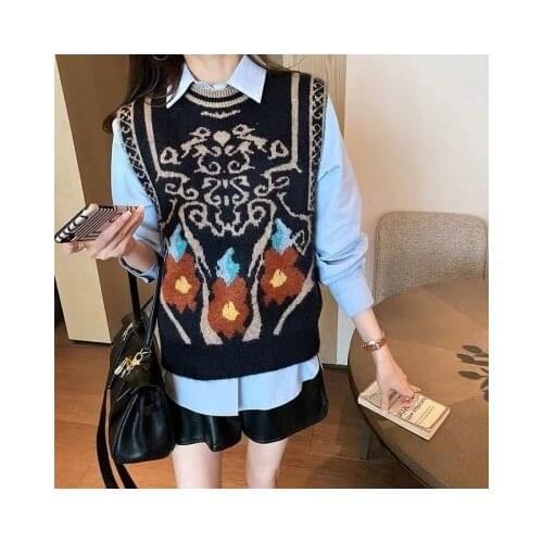 Fashion Sweater Vest Women 2021 Fall Winter Korean Style Vintage Pattern Sleeveless Knitted Pullover Waistcoat Gilet Tops T601