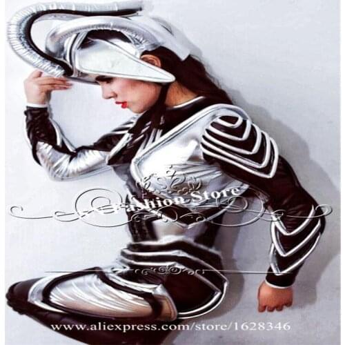 P42 Catwalk perform dress female sexy bodysuit dj dance costumes stage wears outfits silver robot suit bar armor clothing disco