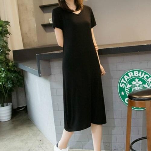2021 Summer Dress Women Short Sleeve V-neck T-shirt Dresses Sexy Solid Modal Midi Black Red 9 Colors Spring Slim Casual Vestidos
