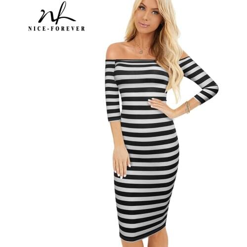 Nice-forever Summer Women Classic Stripes Dresses Casual Beach Bodycon Slim Dress 703