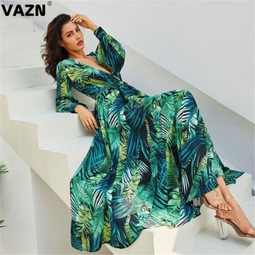 VAZN 2021 Hot Plus Size High-end Chiffon Bohemian Holiday Sweet Young Free Deep V-Neck Full Sleeve Women Maxi A-Line Dress