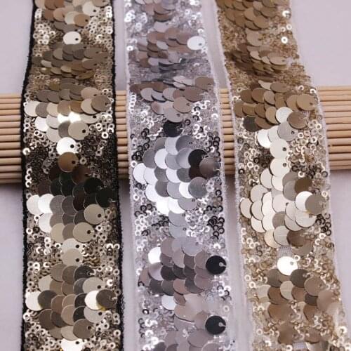 5Yards Sequin Beaded Lace Trimming Gold Silver Embroidery Fabric DIY Cloth Sew On Dress Lace Ribbon Wedding Decoration 4CM Width