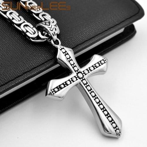SUNNERLEES 316L Stainless Steel Jesus Christ Cross Pendant Necklace Byzantine Link Chain Silver Color Men Boys Gift SP265