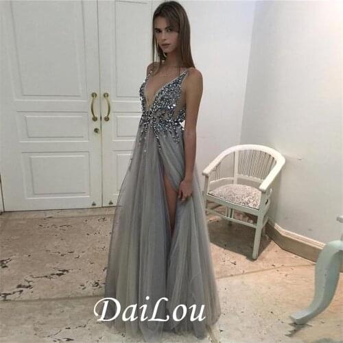 Hot Split Evening Dresses Plunging Neckline Crystal Prom Gowns Custom made Tulle Evening Party Dress 2021