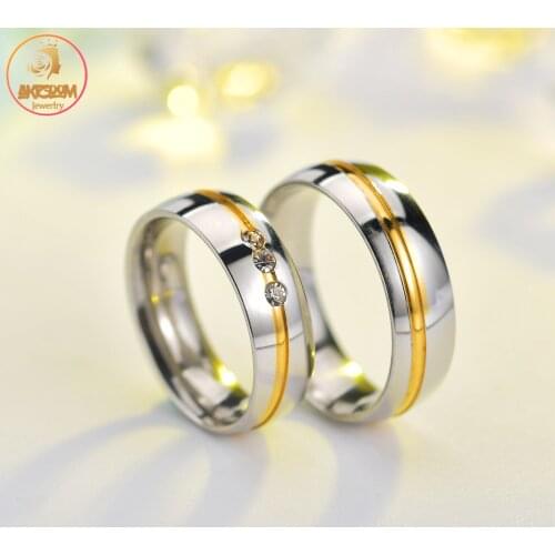 Akizoom 6mm Vintage Stainless Steel Line Crstal Couple Rings For Women Engagement Wedding Charm Never Fade Jewelry Party Gift