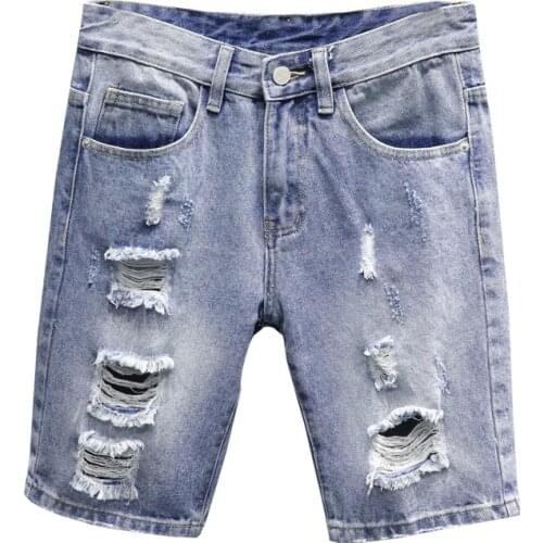 Summer Male Ripped Hole Destroyed Light Blue Denim Shorts Streetwear Jeans Five Points Pants Comfortable Men Clothing