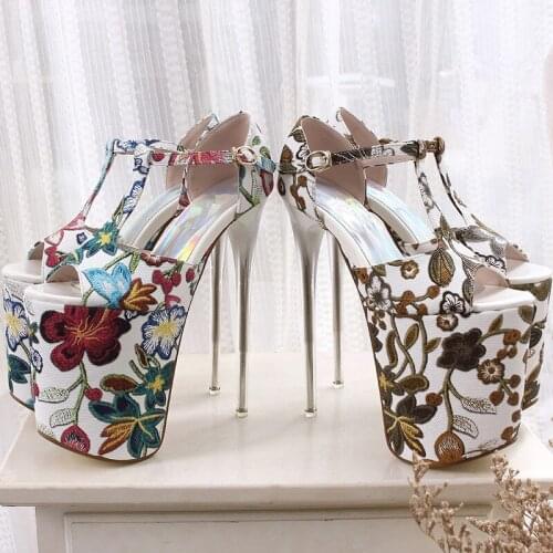 Summer Womens Shoes 20cm Heel Height Platform T-strap Womens Sandals Ethnic Style Embroidered Female Pumps 34--43 MD-22