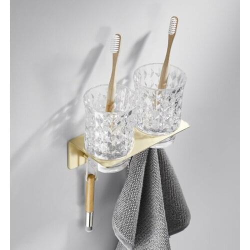 Brushed Gold Bathroom Toothbrush Holder Glass Toothbrush Cup Brass Wall-Mounted Mouthwash Cup Bathroom Rack With Hook