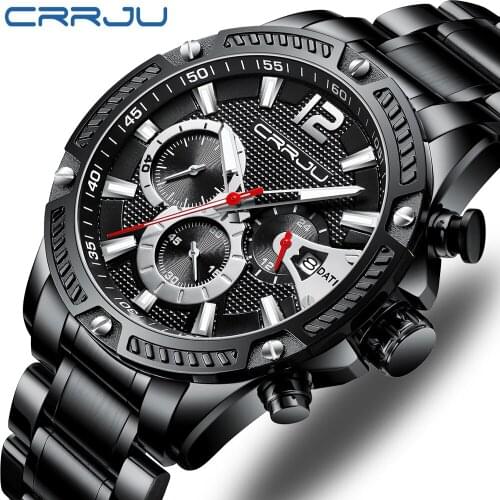 Men Stainless Steel Watches CRRJU Fashion Chronograph Watches for Mens Luxury Brand Calendar Quartz Man Watches reloj hombre