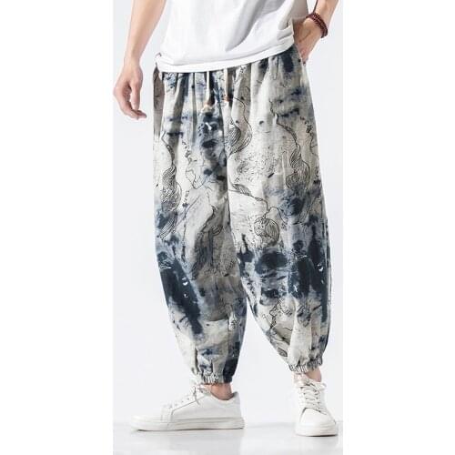 Men Harem Pants Joggers Printed Drawstring Drop-Crotch Trousers Men 2020 Loose Korean Streetwear Cotton Casual Pants Men