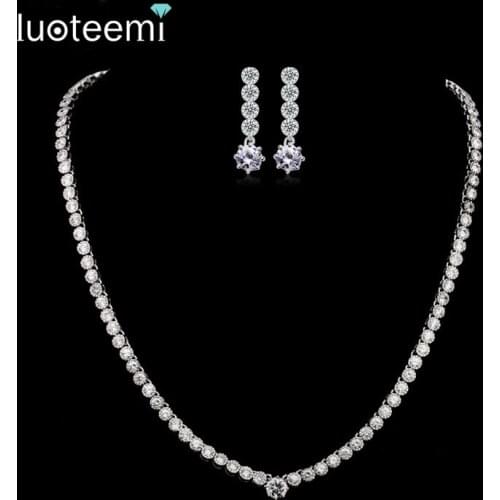 LUOTEEMI Classic Design Luxury Bridal Jewelry Tennis Necklace Earrings Set High Quality AAA Cubic Zirconia Simple Bridesmaid