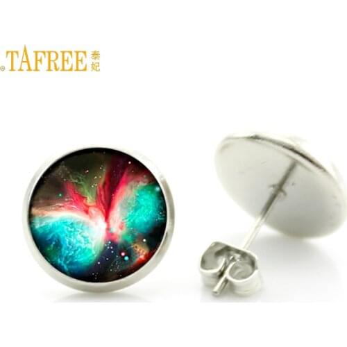 TAFREE novelty fashion galaxy nebula glass cabochon stud earrings outer space astronomy stars charm full moon women jewelry D779