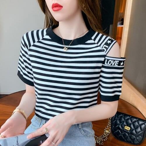 Fashion New Off shoulder Tops Women Casual stripe Short Sleeve Tees 2021 Summer cuff Splicing Woman T-shirt y2k tops